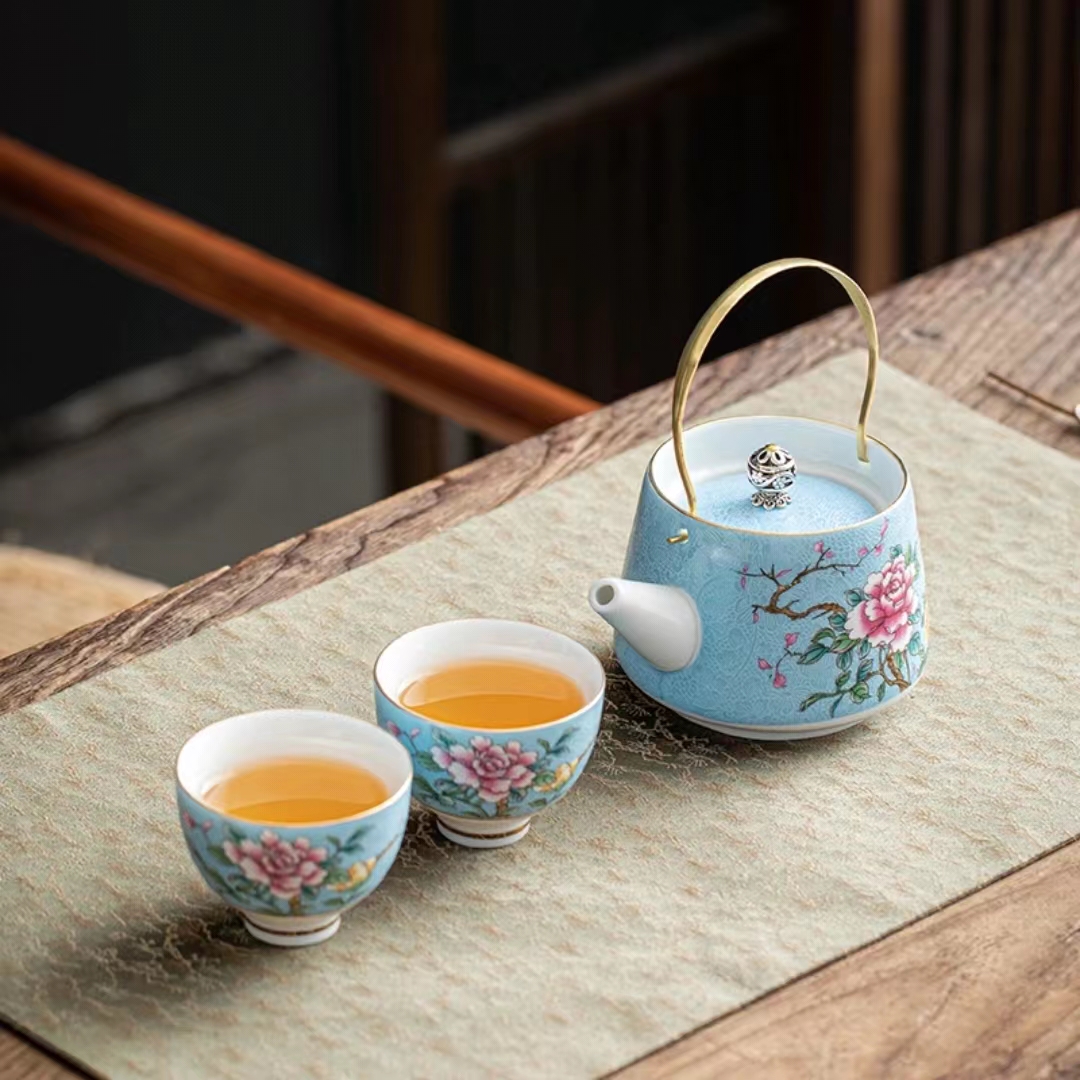 【汀和大福】藍色牡丹花茶壺茶具套裝提梁壺主人杯